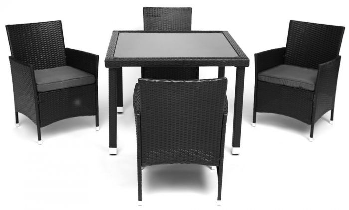 Обеденный сет (стол+4стула) (mod. 210036) пластиковый ротанг, стекло, 100х100х74см-60х60х75см, черный, ткань: DB-16, серый
