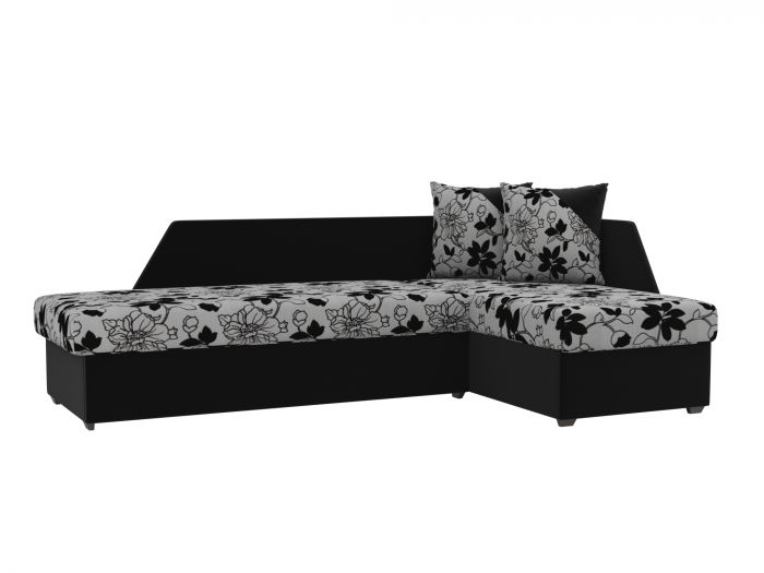102664 Угловой диван Андора | Флок на рогожке | Микровельвет | Цветы | Черный