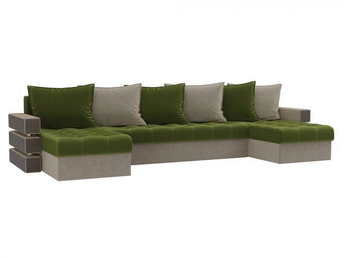 100045 П-образный диван Венеция | Микровельвет | Зеленый | Бежевый