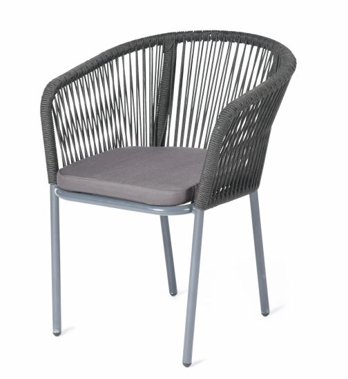 "Марсель" плетеный стул из эластичных лент, цвет светло-серый, белый каркас, подушка цвет NEO ASN