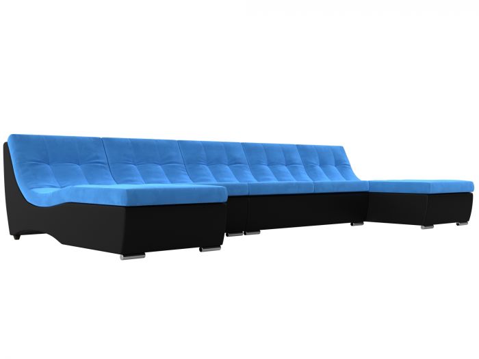 111525 П-образный модульный диван Монреаль Long | Велюр | Экокожа | голубой | черный