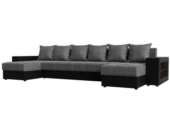 31517R П-образный диван Дубай полки справа | Рогожка | Экокожа | Серый | черный