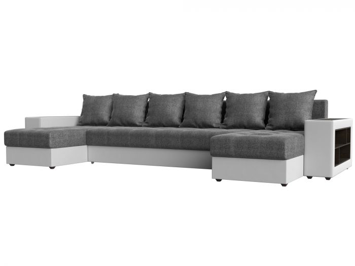 110581R П-образный диван Дубай полки справа | Рогожка | Экокожа | Серый | белый