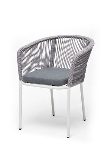 "Марсель" стул плетеный из роупа, каркас алюминий белый шагрень, роуп светло-серый круглый, ткань св