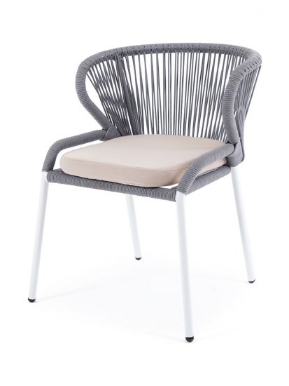 "Милан" стул плетеный из роупа, каркас алюминий белый шагрень, роуп светло-серый круглый, ткань беже