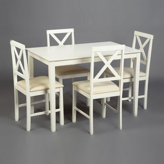 Обеденный комплект эконом Хадсон (стол + 4 стула)- Hudson Dining Set дерево гевея-мдф, стол: 110х70х75см - стул: 44х42х89см, Ivory white, ткань кремовая (HE490-01)